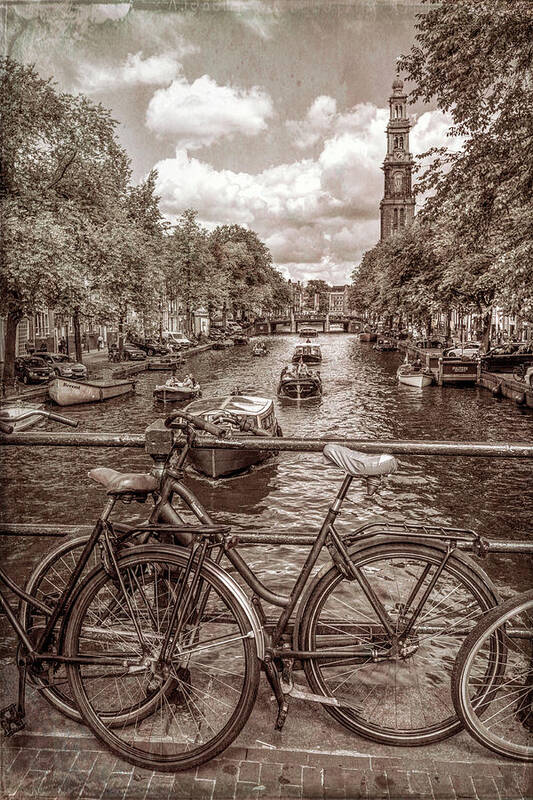 Boats Art Print featuring the photograph Bicycles on the Canals II in Vintage Sepia #1 by Debra and Dave Vanderlaan
