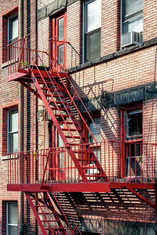 New York Art Print featuring the photograph NY CITY - Red Fire Escape Stairs #1 by Philippe HUGONNARD
