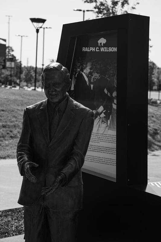 Buffalo New York Art Print featuring the photograph Ralph Wilson statue at Buffalo Bills Stadium in black and white by Eldon McGraw