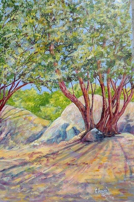 The Colorful Shadows In The High Desert Make A Colored Mosaic On The Ground Art Print featuring the painting Tree Shadows by Charme Curtin