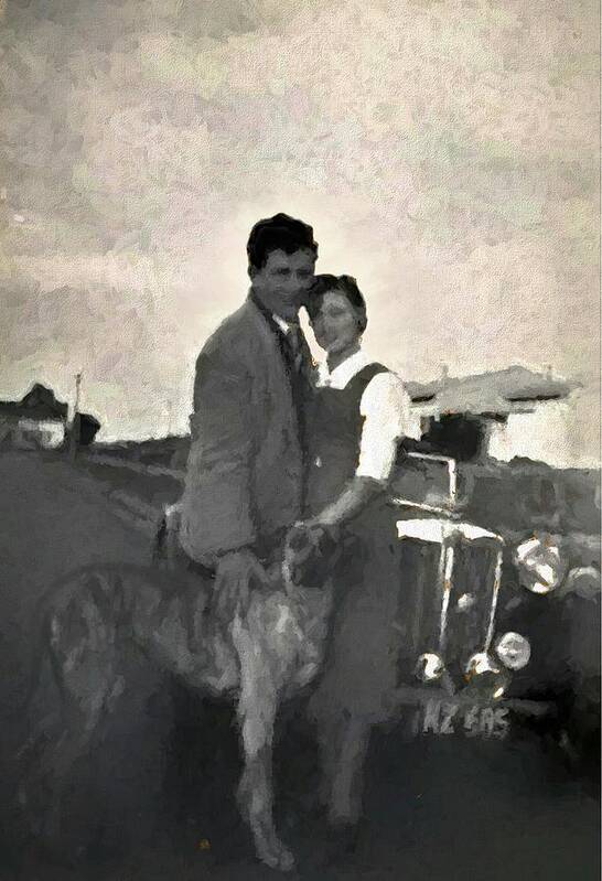 1950s Art Print featuring the mixed media 1950s Melbourne Couple Great Dane And Classic MG Car by Joan Stratton