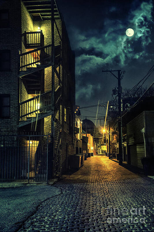 Alley Night Street City Urban Alleyway Dark Scary Light Garbage Back Road Crime Scene Spooky Brick Vintage Empty Wall Grunge Noir Cobblestone Moon Art Print featuring the photograph Moonlit Vintage Chicago Alley by Bruno Passigatti