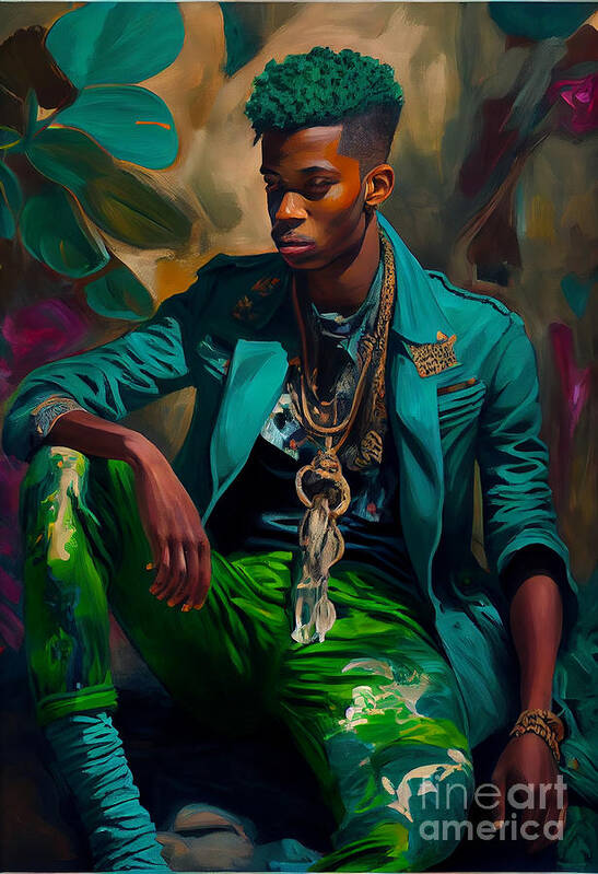 Handsome Young Nubian Man Emerald Green Abstrac Art Art Print featuring the digital art handsome young Nubian man Emerald green abstrac by Asar Studios #2 by Celestial Images
