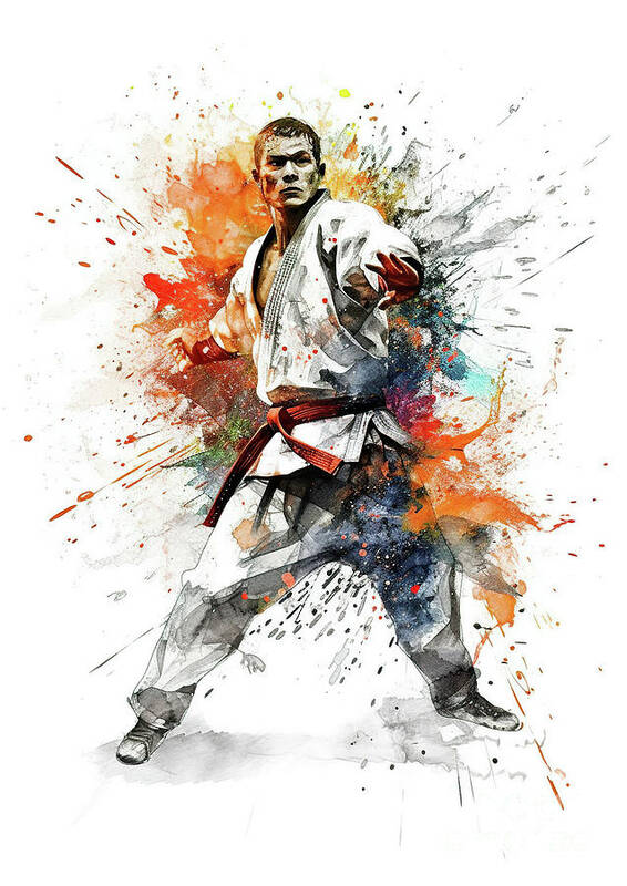 Karate Art Print featuring the digital art Colorful paint splashes during martial artist action. #9 by Odon Czintos