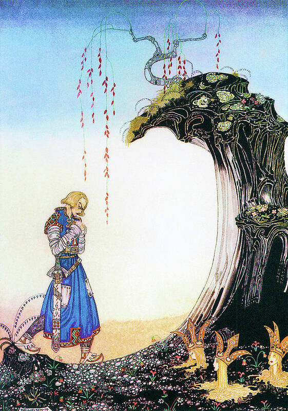 Princess Art Print featuring the painting A boy and three princesses buried to the shoulder in the ground by Kay Nielsen