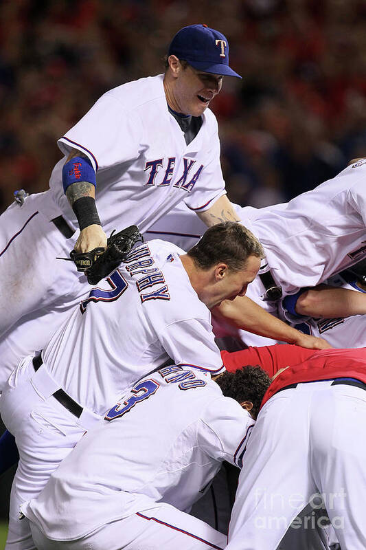 Playoffs Art Print featuring the photograph Andres Blanco, Josh Hamilton, and David Murphy by Stephen Dunn