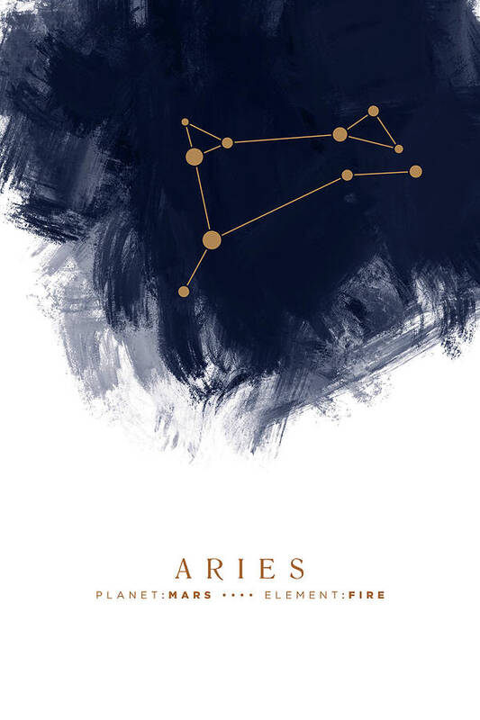 Aries Art Print featuring the mixed media Aries Zodiac Sign - Minimal Print - Zodiac, Constellation, Astrology, Good Luck, Night Sky - Blue by Studio Grafiikka