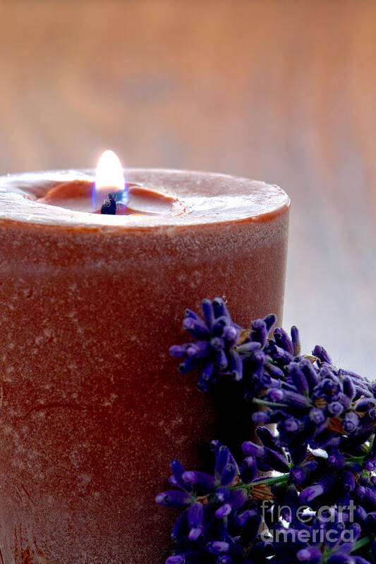 Aromatherapy Art Print featuring the photograph Aromatherapy Candle and Lavender Flowers in a Spa by Olivier Le Queinec