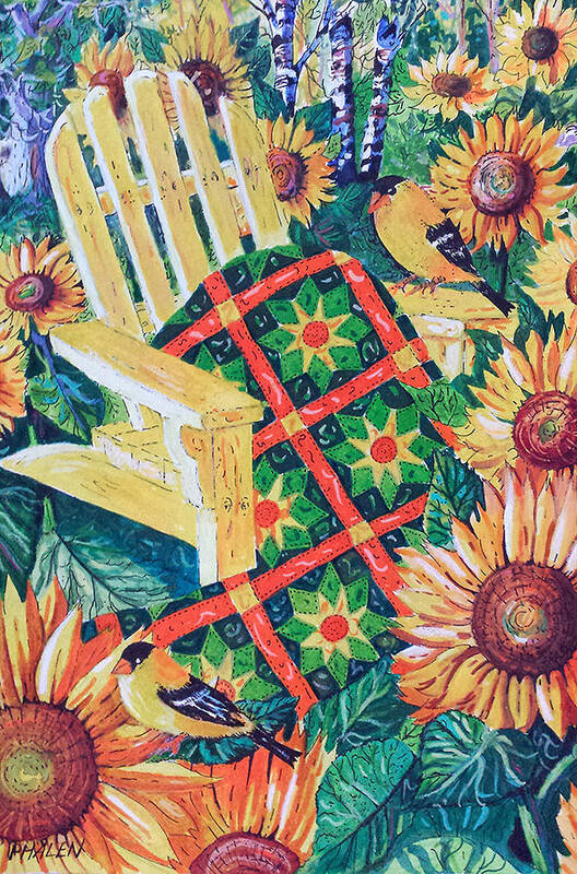 August Sunflowers And Quilt Art Print featuring the painting August Sunflowers and Quilt by Diane Phalen