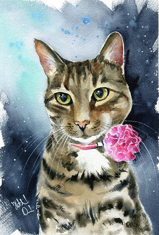Cats Art Print featuring the painting Auntie Sally Tabby Cat Painting by Dora Hathazi Mendes