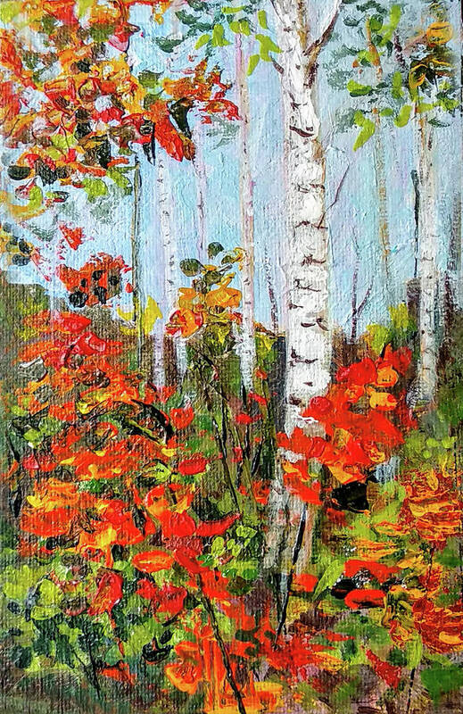 Aspen Trees Art Print featuring the painting Autumn aspens by Asha Sudhaker Shenoy