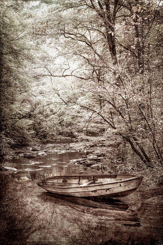 Boats Art Print featuring the photograph Autumn River in Vintage Sepia by Debra and Dave Vanderlaan