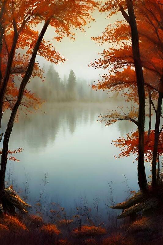 Waterscape Art Print featuring the painting Autumn View - beautiful Fall waterscape by Bonnie Bruno