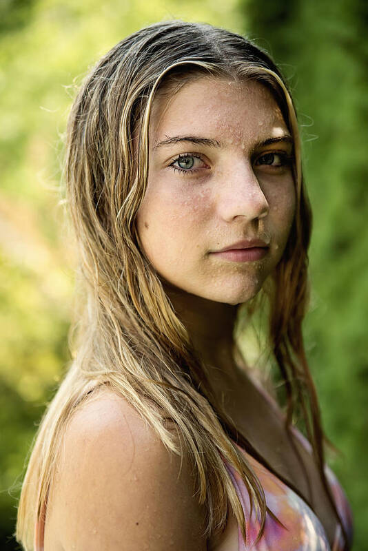 Adolescence Art Print featuring the photograph Beautiful portrait of teenage girl in summer nature. by Martinedoucet