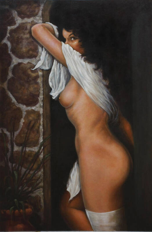 Nude Female Nude Art Print featuring the painting Behind the Geen Door by Harvie Brown