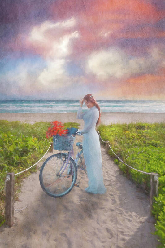 Beach Art Print featuring the photograph Bicycle on the Beach Trail Watercolor Painting by Debra and Dave Vanderlaan