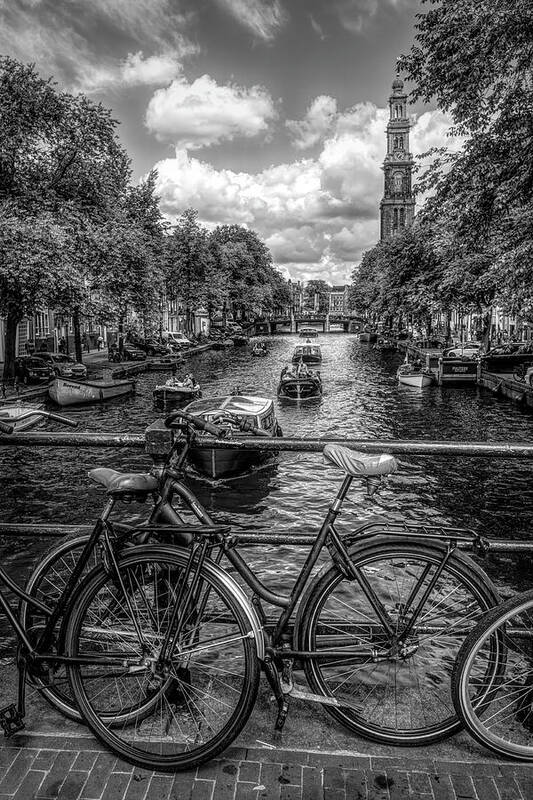 Boats Art Print featuring the photograph Bicycles on the Canals II in Black and White by Debra and Dave Vanderlaan