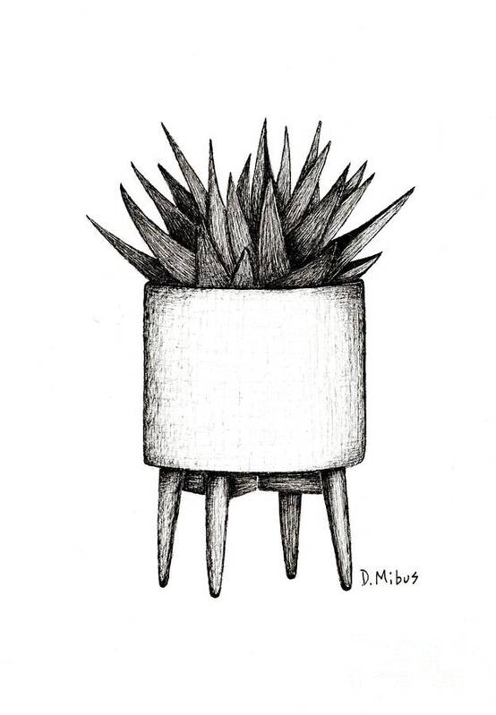 Mid Century Modern Art Print featuring the drawing Black and White Succulent in Mid Century Pot by Donna Mibus