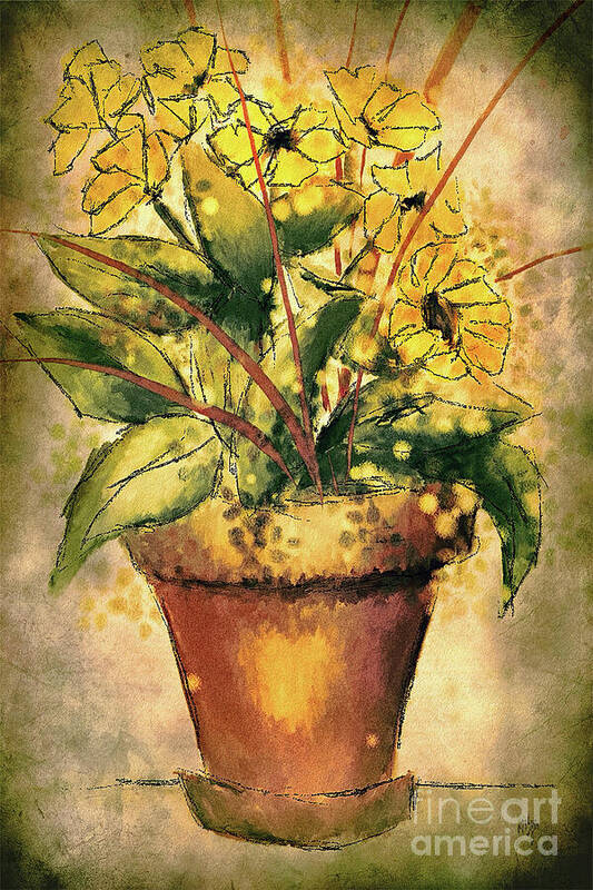 Flower Art Print featuring the digital art Black Eyed Susans In A Clay Pot by Lois Bryan