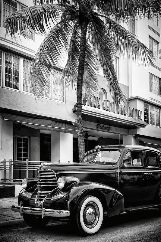 Florida Art Print featuring the photograph Black Florida Series - Miami Beach Classic Car by Philippe HUGONNARD