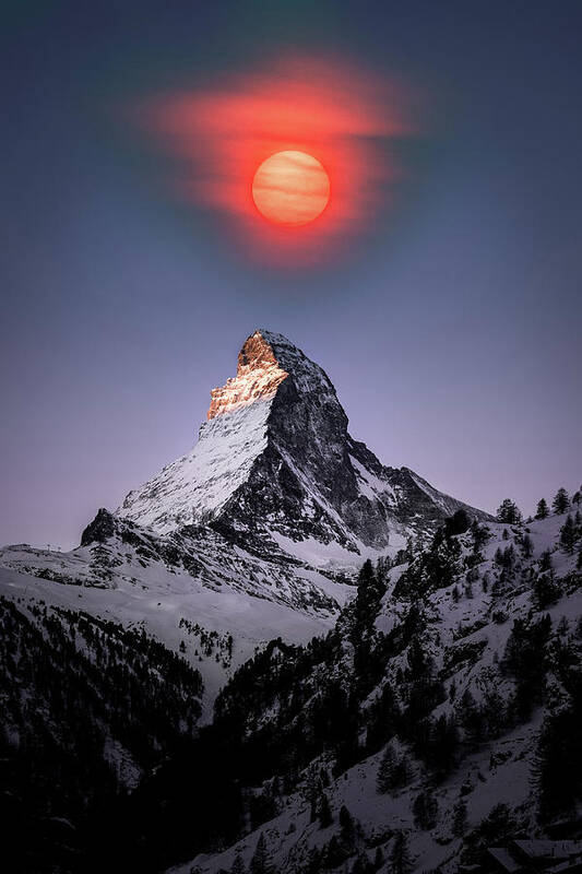 Blood Moon Over Matterhorn Art Print featuring the painting Blood Moon over Matterhorn, Zermatt, Switzerland v1 by Celestial Images