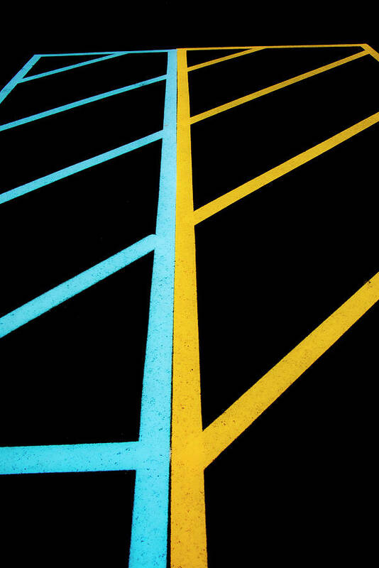 Traffic Lines Art Print featuring the photograph Blue And Yellow Traffic Lines Meet Along The Boarder by Gary Slawsky