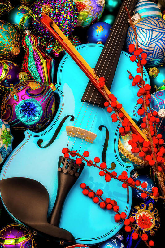 Abundance Red Fancy Art Print featuring the photograph Blue Violin And Ornaments by Garry Gay