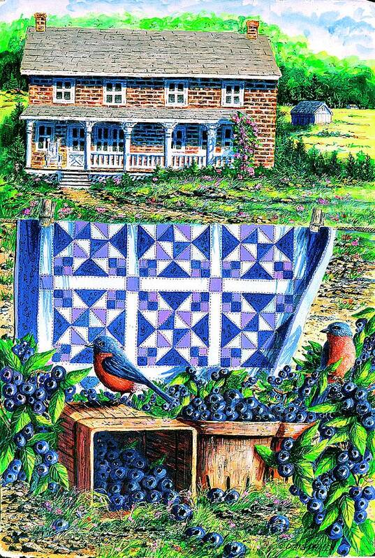 Blueberries Art Print featuring the painting Bluebirds and Blueberries by Diane Phalen
