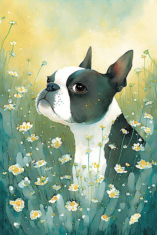 Boston Terrier Art Print featuring the digital art Boston Terrier in a flower field3 by Debbie Brown