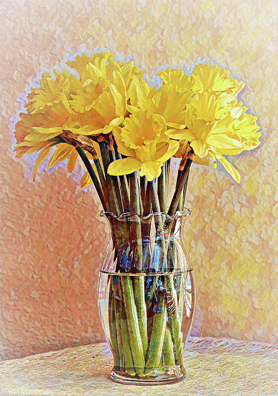 Daffodil Art Print featuring the digital art Bouquet of Glowing Daffodils Flowers Portrait by Gaby Ethington