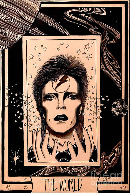 David Bowie Art Print featuring the drawing Bowie the World Card by Kathy Zyduck