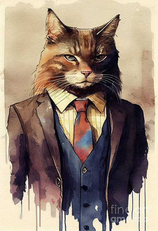 Cat in Suit Watercolor Hipster Animal Retro Costume Art Print by Jeff  Creation - Pixels Merch
