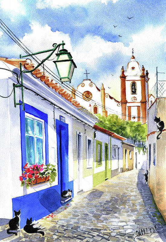 Algarve Art Print featuring the painting Charming Street In Silves Algarve Portugal by Dora Hathazi Mendes