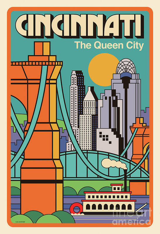 Travel Poster Art Print featuring the digital art Cincinnati Poster - Vintage Pop Art Style by Jim Zahniser