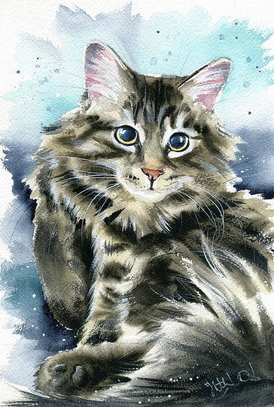 Cats Art Print featuring the painting Clancy Fluffy Cat Painting by Dora Hathazi Mendes
