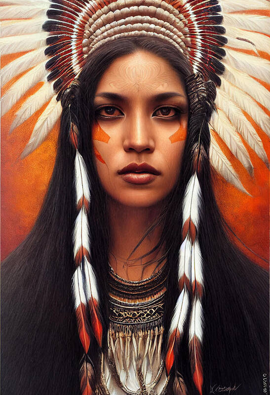 Beautiful Art Print featuring the painting Closeup Portrait Of Beautiful Native American Wom 44777eb4 86ef 451e 8412 15e4cf2e6574 by MotionAge Designs