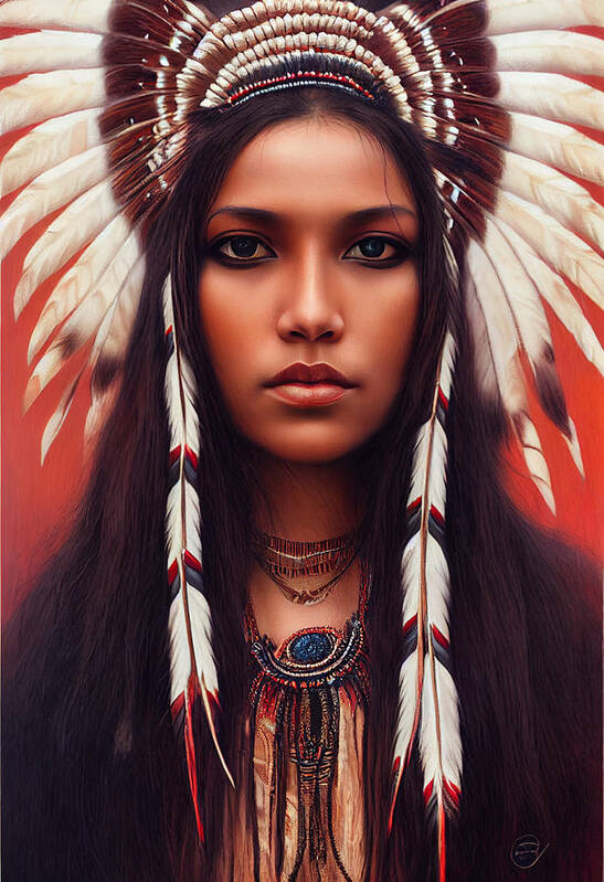 Beautiful Art Print featuring the painting Closeup Portrait Of Beautiful Native American Wom Ff16756d D16d 4162 4664 468878d7d614 by MotionAge Designs
