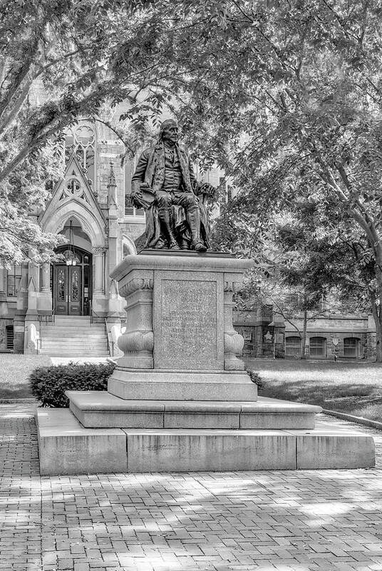 Benjamin Franklin Art Print featuring the photograph College Hall Benjamin Franklin BW by Susan Candelario