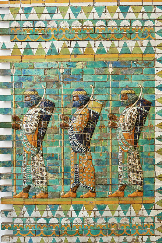 Soldiers Art Print featuring the photograph Coloured glazed terracotta brick panels of archers - C 510 BC - Pergamon Museum, Berlin #2 by Paul E Williams