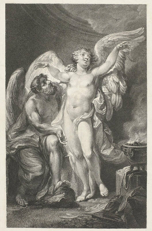Christian Friedrich Stolzel Art Print featuring the drawing Daedalus teaches Icarus how to fly by Christian Friedrich Stolzel