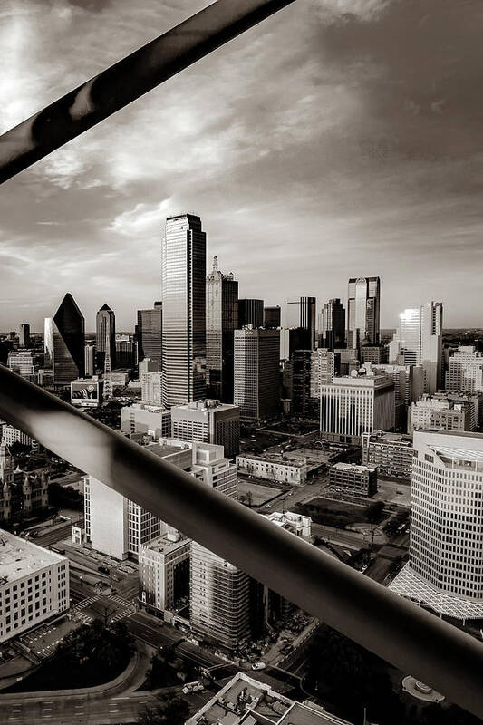Dallas Skyline Art Print featuring the photograph Dallas Skyline Through Reunion Tower - Sepia Infrared by Gregory Ballos