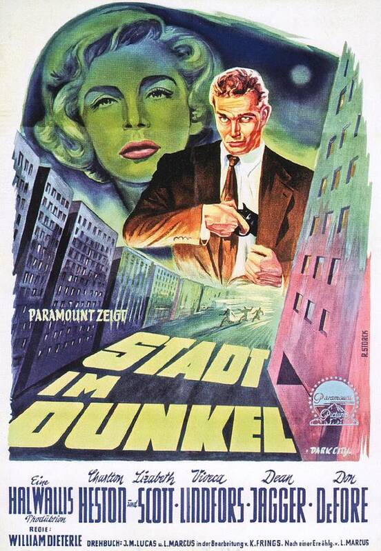Dark Art Print featuring the mixed media ''Dark City'', with Charlton Heston and Lizabeth Scott, 1950 by Movie World Posters