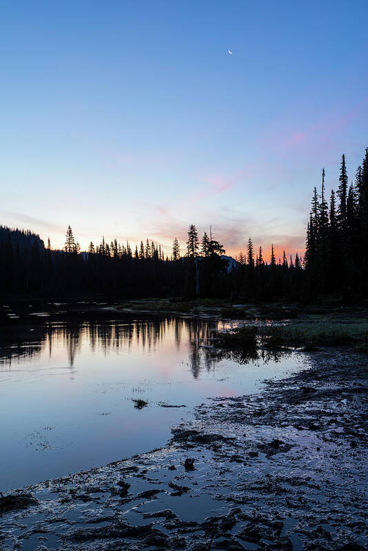 Outdoor; Dawn; Daybreak; Waxing Crescent Moon; Color; Lake; Alpine Lake; Washington Beauty Art Print featuring the digital art Dawn at Alpine Lake by Michael Lee