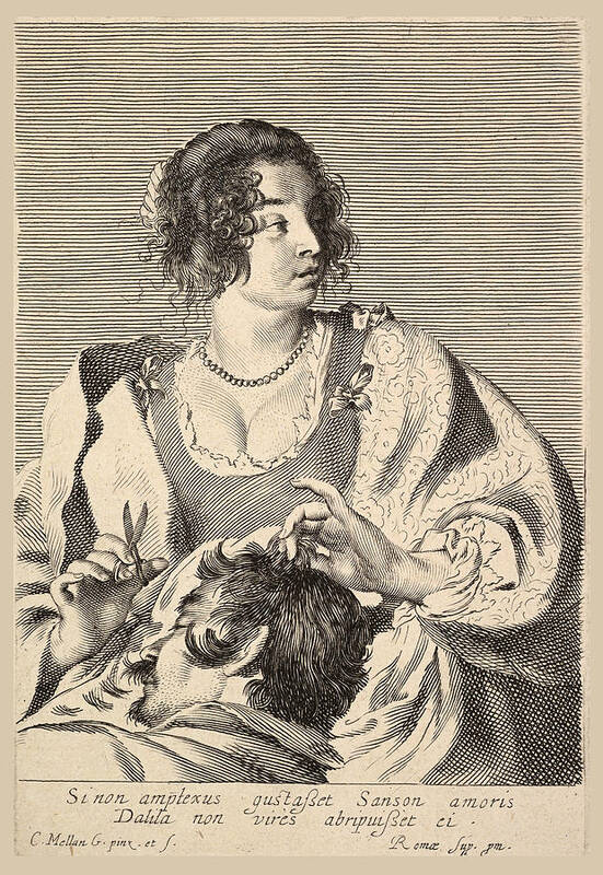 Claude Mellan Art Print featuring the drawing Delilah Cutting Samson's Hair by Claude Mellan