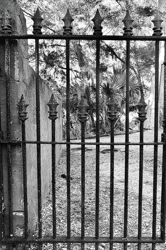 Dubignon Cemetery Gate Jekyll Island Black And White 2 Georgia Art Print featuring the photograph DuBignon Cemetery Gate Jekyll Island Georgia Black And White 2 by Lisa Wooten