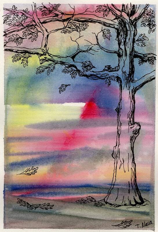 Tree Art Print featuring the drawing Dusk Shadow Oak by Tammy Nara