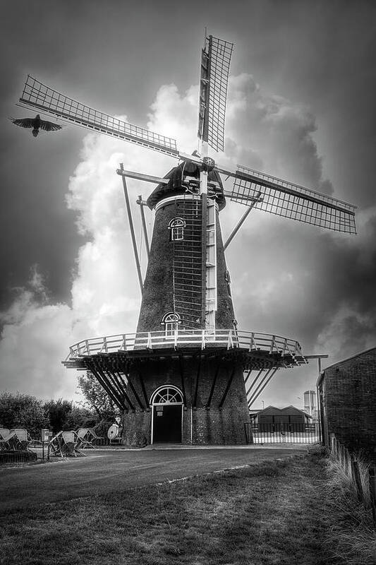 Barns Art Print featuring the photograph Dutch Windmill in the Countryside Black and White by Debra and Dave Vanderlaan