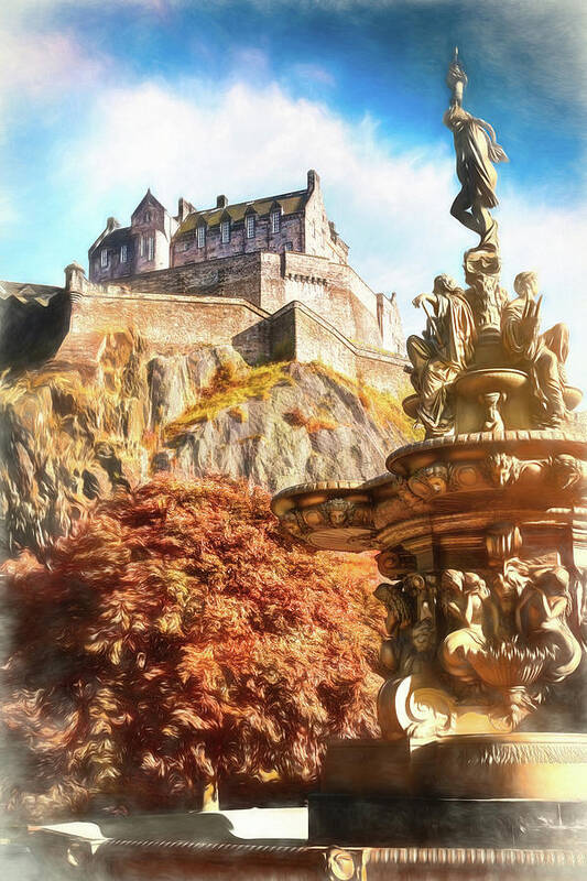 Edinburgh Castle Art Print featuring the photograph Edinburgh Castle and Ross Fountain Edinburgh Scotland Painterly by Carol Japp