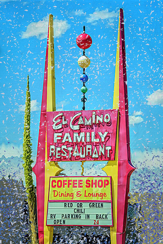 El Camino Family Restaurant Art Print featuring the photograph El Camino Family Restaurant Socorro New Mexico Sign by Debra Martz