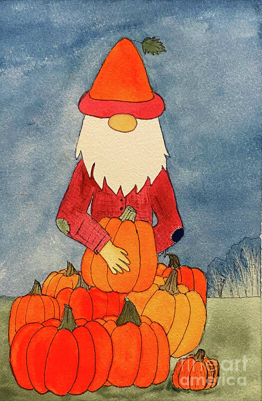 Fall Art Print featuring the mixed media Fall Gnome with Pumpkins by Lisa Neuman